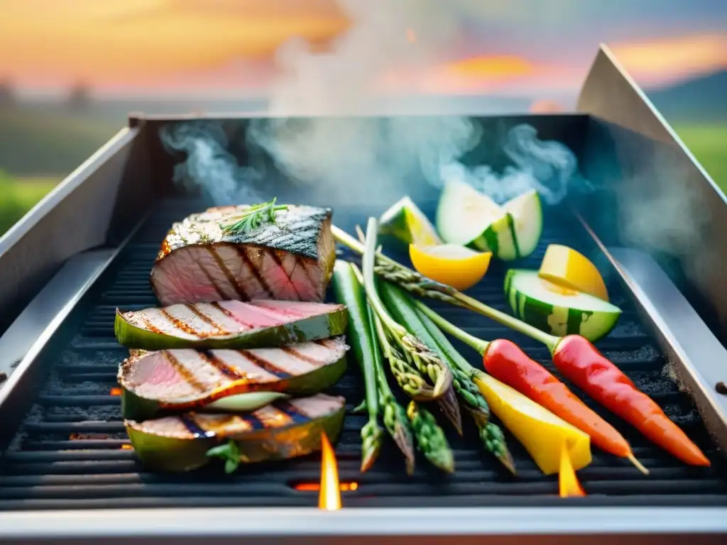 Una parrilla moderna con vegetales coloridos y cortes magros de carne asándose al atardecer, equilibrio nutricional en parrilla