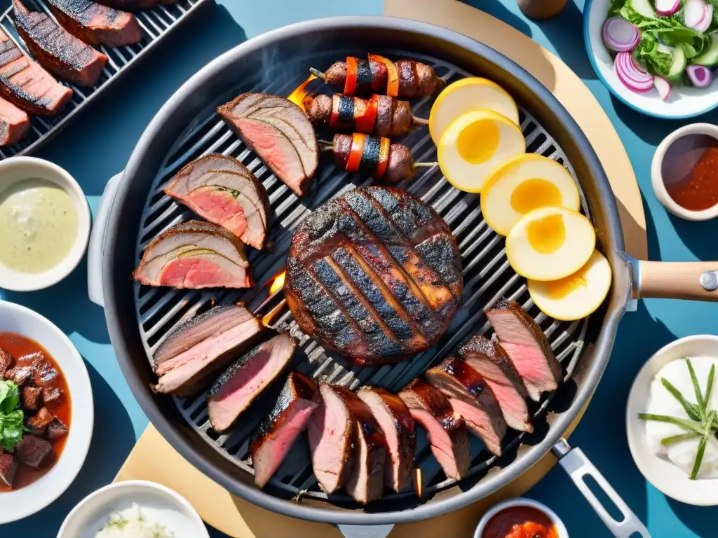 Deliciosa parrilla uruguaya: sabores tradicionales en alta resolución Una parrilla uruguaya tradicional con carnes y guarniciones coloridas, irradiando bienestar emocional a través de la comida