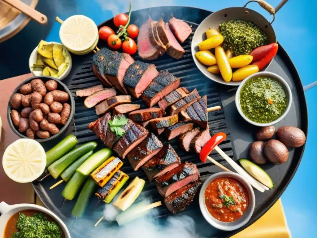 Una parrilla uruguaya tradicional llena de carne y chimichurri, en un entorno rústico bajo cielo azul