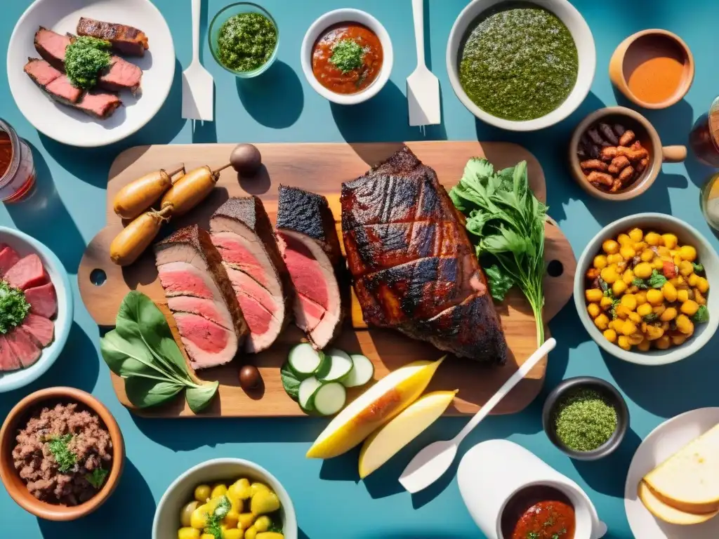 Una parrillada uruguaya tradicional con carnes a la parrilla y ensaladas coloridas, reflejando la dieta baja en carbohidratos en Uruguay