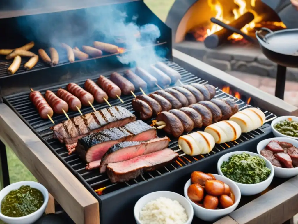 Una parrillada uruguaya tradicional con cortes de carne, chorizos y achuras perfectamente asados, chimichurri y ambiente rústico