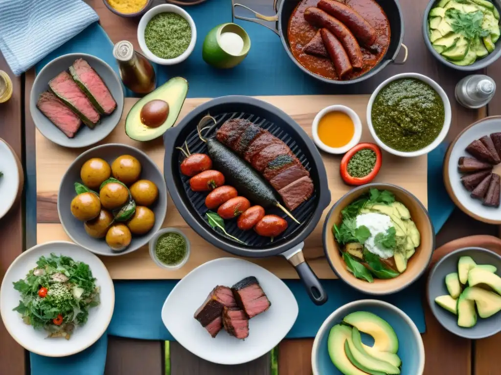 Una parrillada tradicional uruguaya en un entorno moderno y rústico, con una variedad de carnes y acompañamientos keto