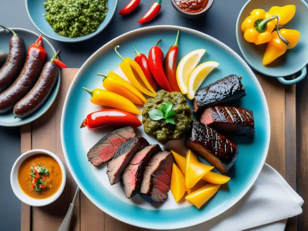Deliciosa Parrillada Uruguaya: Sabor y tradición en cada bocado Una parrillada uruguaya tradicional en una mesa rústica bajo la suave luz dorada, invitando al bienestar emocional a través de la comida
