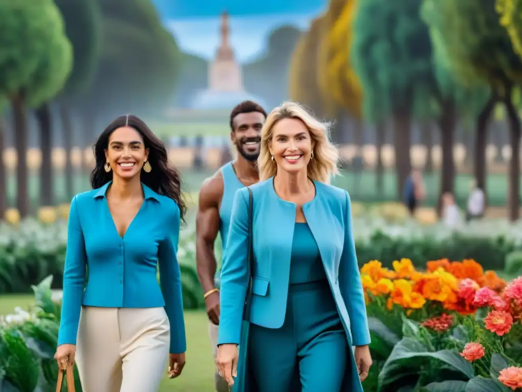 Un paseo armonioso en un parque en Uruguay, con personas sonrientes vistiendo moda sostenible, conectando con la naturaleza