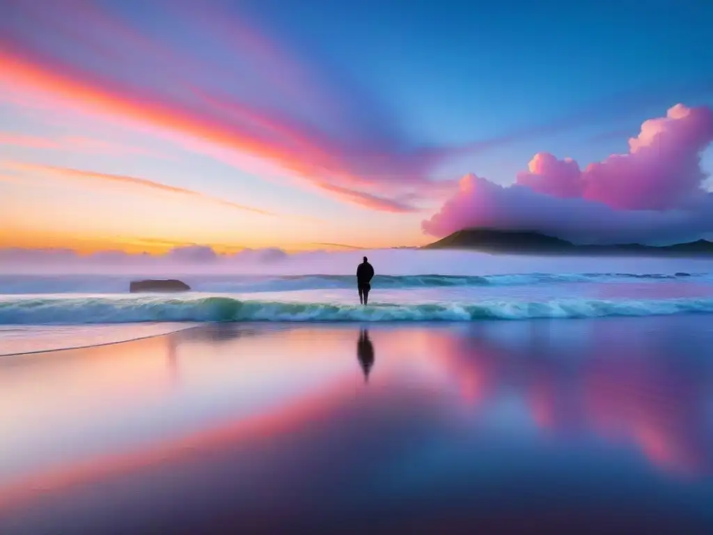 Un paseo solitario al atardecer en una playa serena de Uruguay, reflejando libertad emocional en los tonos del cielo