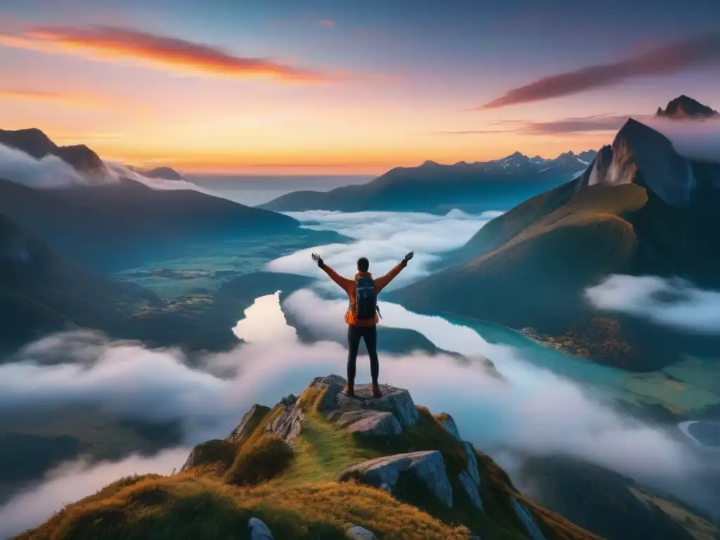 Explorando pasión y propósito en la cima de la montaña al amanecer, reflejos de colores vibrantes en el lago