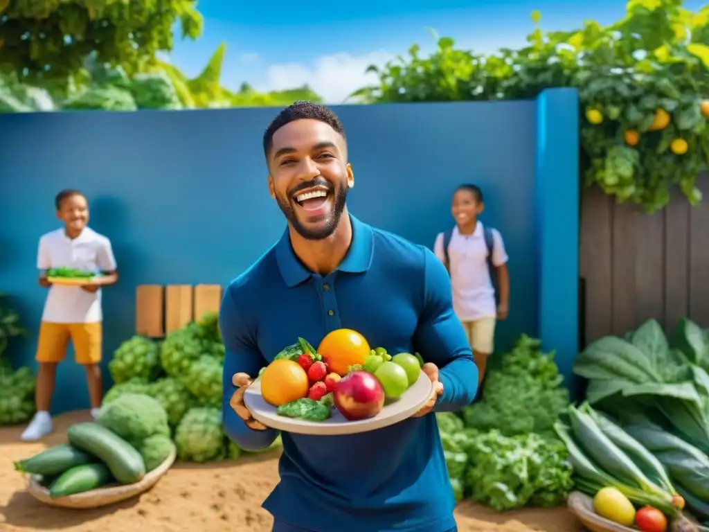 Un patio escolar vibrante con niños felices y saludables comiendo frutas y verduras, simbolizando programas nutrición combatiendo obesidad infantil