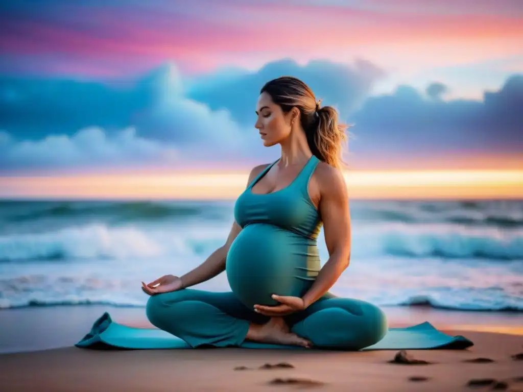 Paz y armonía: mujer embarazada practicando yoga al atardecer en la playa de Uruguay