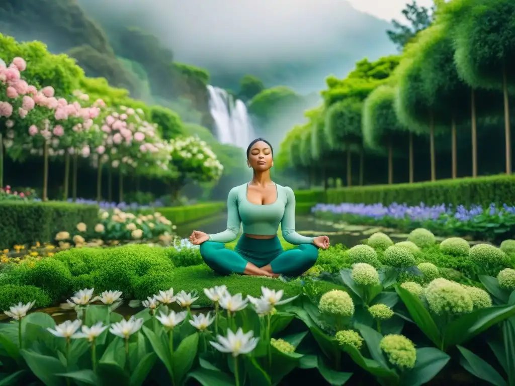 Meditación en jardín: persona en paz, rodeada de flores y agua, transmitiendo tranquilidad