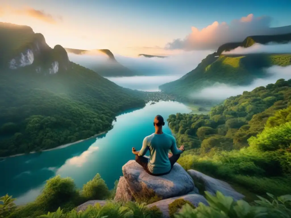 Persona meditando en acantilado al amanecer sobre lago tranquilo, rodeada de vegetación y aves, simbolizando paz interior y equilibrio