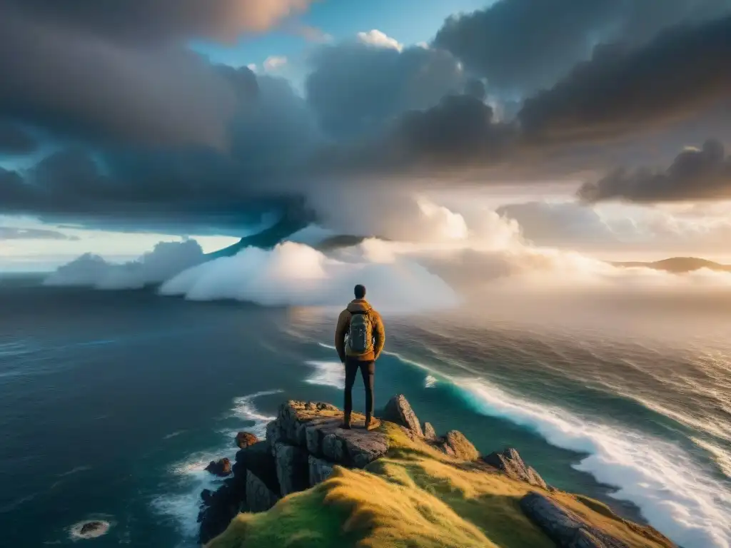 Persona en acantilado, mirando el mar bajo cielos dramáticos