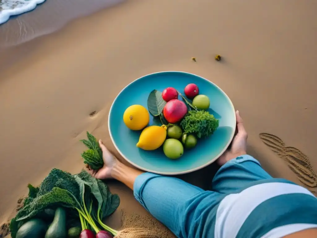 Persona disfrutando de una alimentación consciente en Uruguay, sentada en la playa entre vegetación exuberante y frutas frescas y coloridas