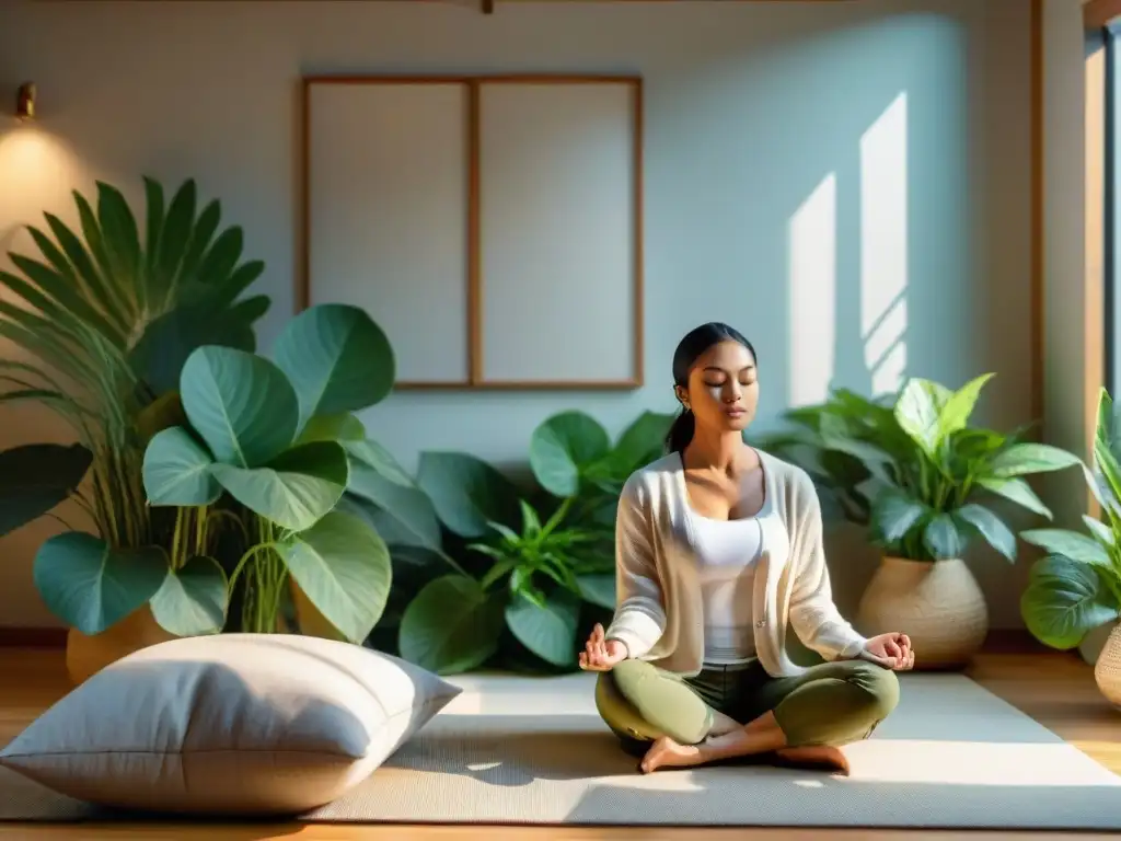 Persona meditando en un ambiente sereno y moderno, rodeada de plantas verdes, creando un espacio de bienestar mental