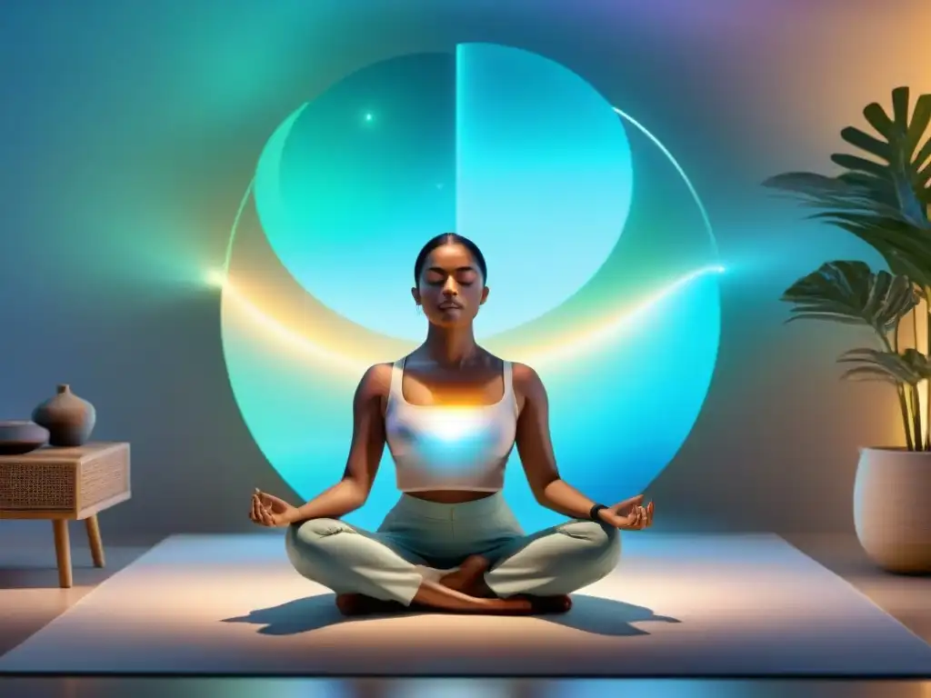 Persona meditando con una app futurista en un espacio tech y minimalista