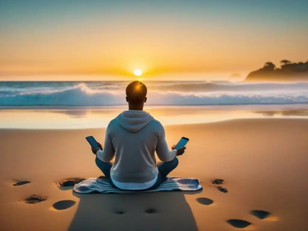 Persona meditando con app de meditación en la playa al atardecer en Uruguay