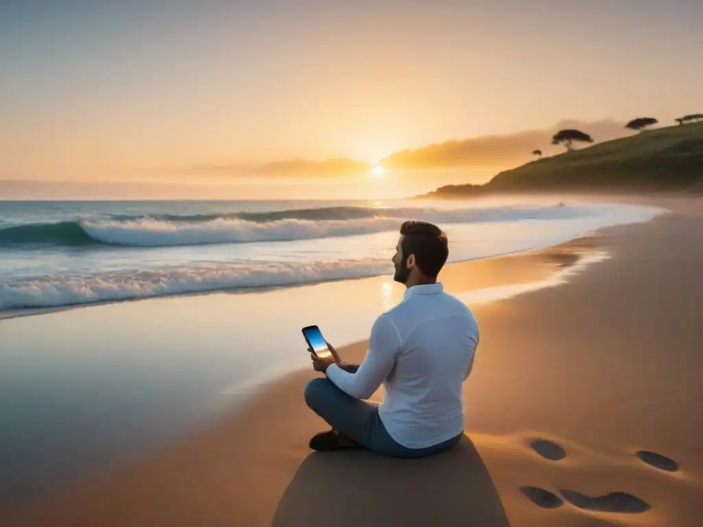 Persona en meditación con app de mindfulness en playa uruguaya al atardecer, transmitiendo calma y bienestar integral