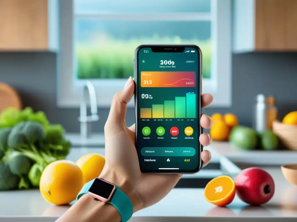 Persona usando apps de nutrición en Uruguay en cocina saludable con frutas frescas y tecnología