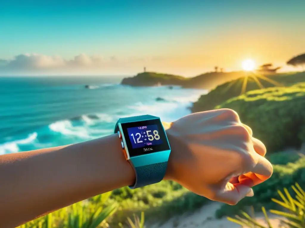 Persona corriendo con Fitbit Charge 4 al atardecer en la costa de Uruguay