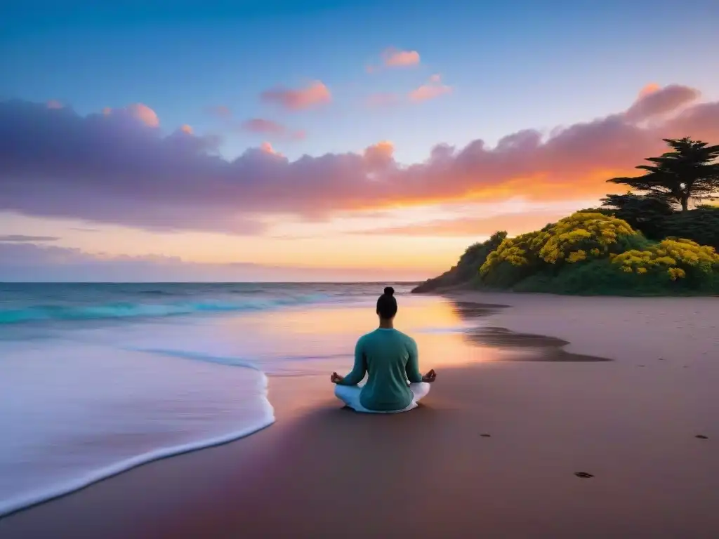 Persona meditando al atardecer en la playa de Uruguay, con cielo colorido reflejado en el mar y flora autóctona