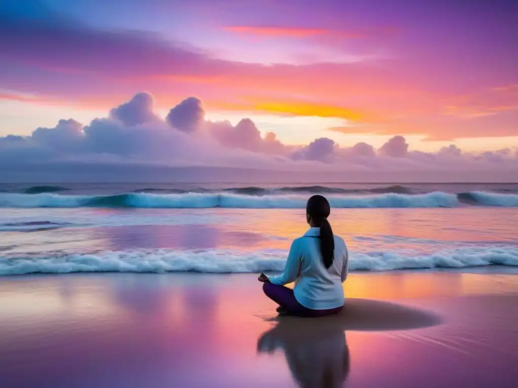 Persona meditando al atardecer en la playa de Punta del Este, Uruguay, bajo un cielo colorido