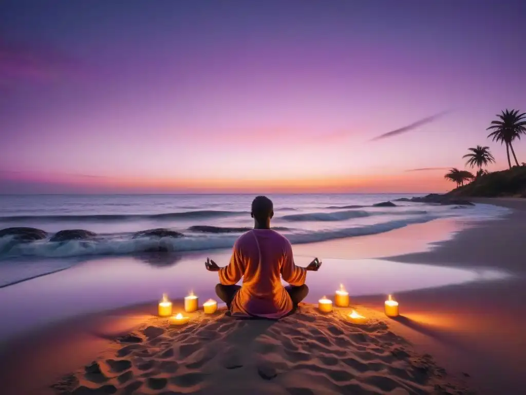 Persona meditando al atardecer en una playa de Uruguay, rodeada de velas, bajo un cielo violeta y dorado