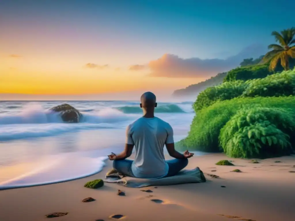 Persona meditando al atardecer en la playa, rodeada de vegetación, transmitiendo paz y calma