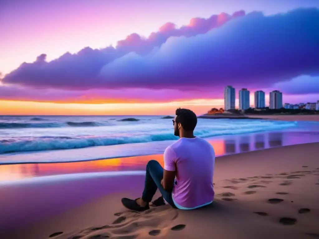 Persona contemplando un atardecer vibrante en la playa de Uruguay, reflejando la relación saludable entre naturaleza y tecnología