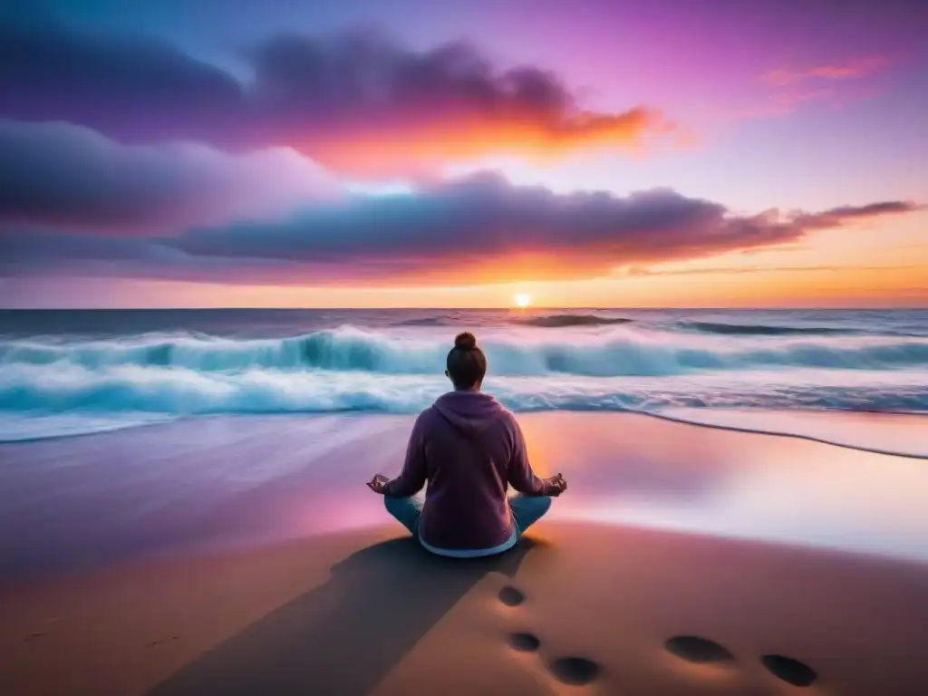 Persona practicando autohipnosis para superar miedos en una playa de Uruguay al atardecer