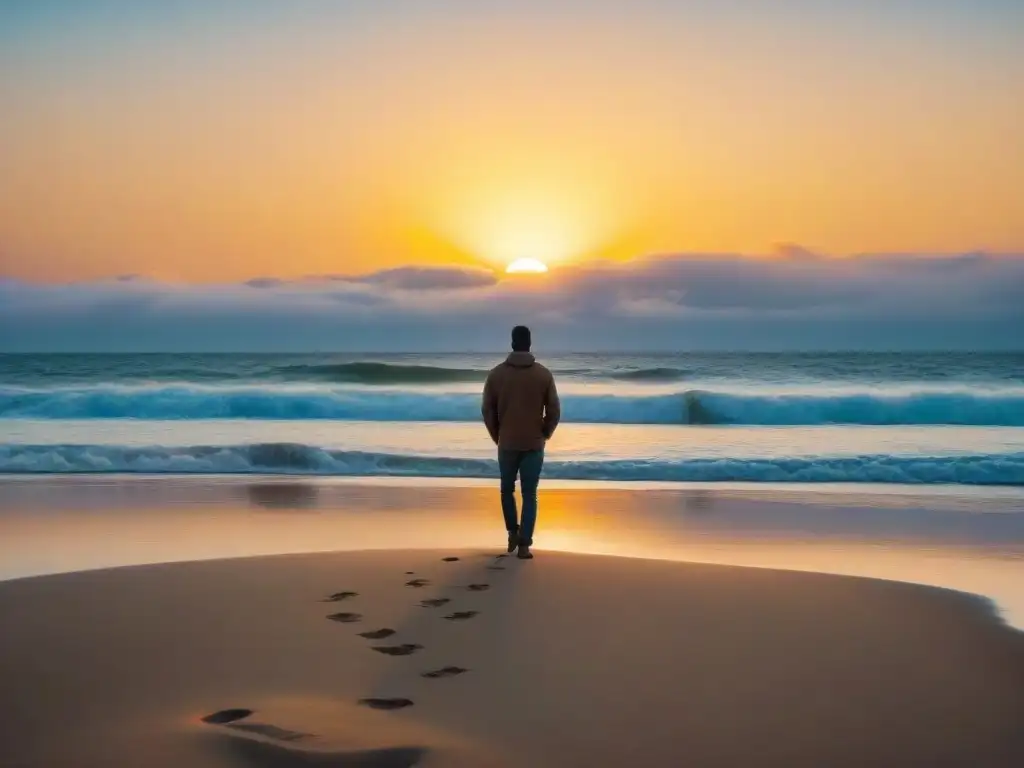 Persona practicando autohipnosis para superar miedos en Uruguay, en una playa al atardecer