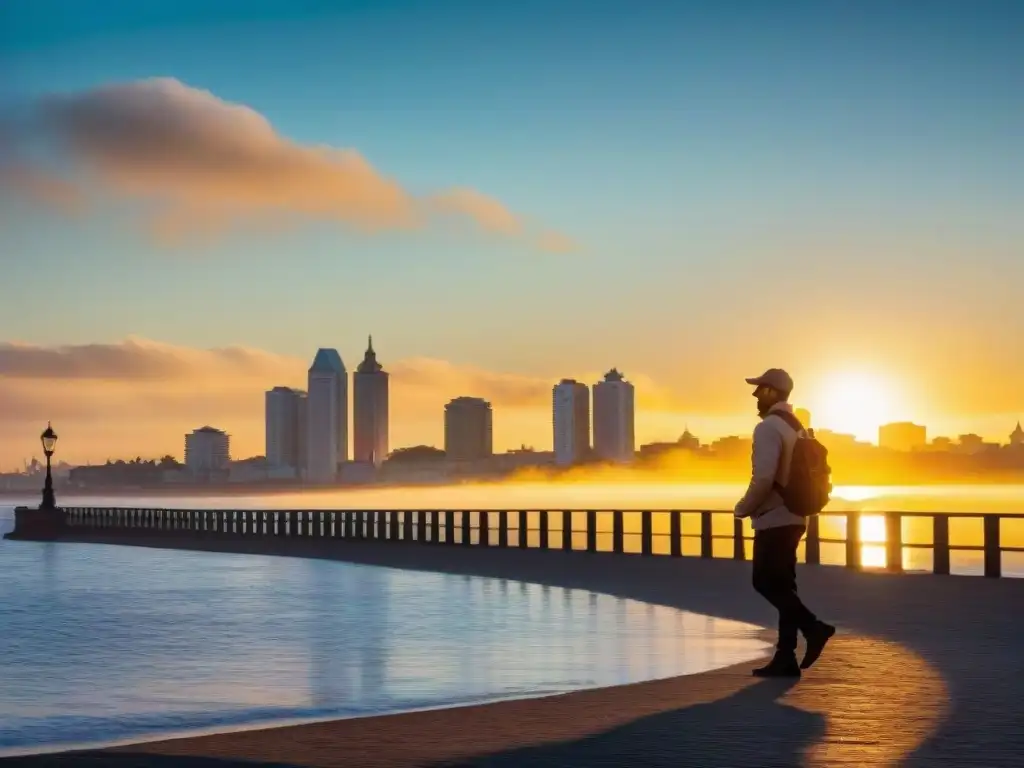 Persona disfrutando de los beneficios de caminatas en la Rambla de Montevideo al amanecer