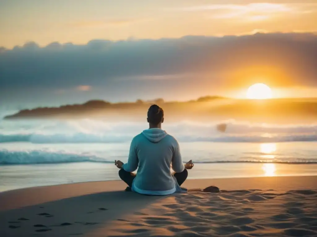 Persona practicando mindfulness para el bienestar uruguayo en la playa al atardecer