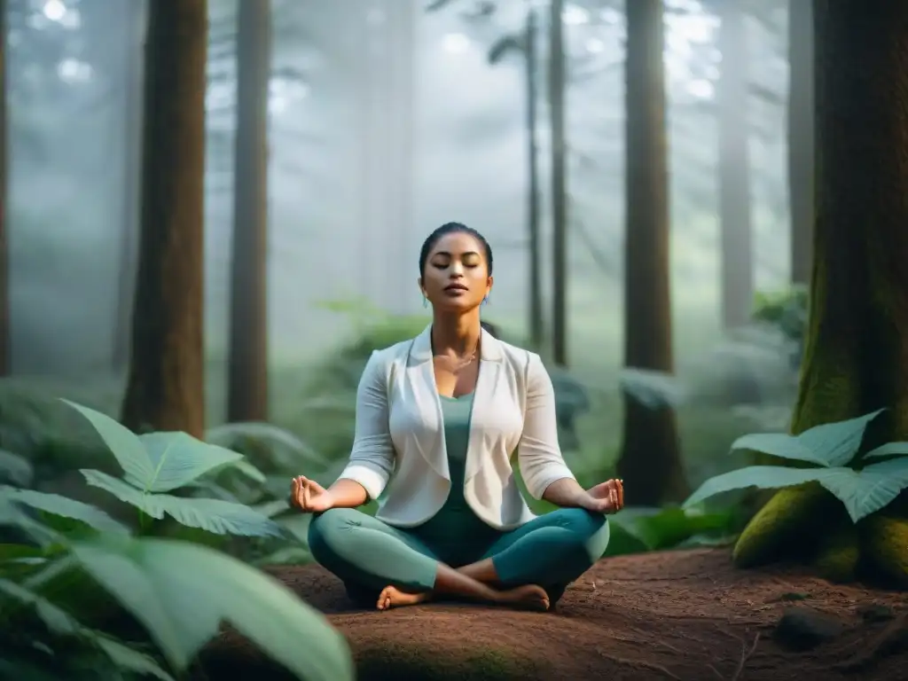 Persona meditando en el bosque, reflejando calma y conexión con la naturaleza y tecnología en salud mental en Uruguay