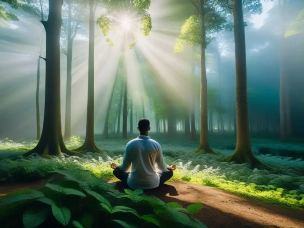 Persona meditando en un bosque verde con luz solar filtrándose entre las hojas, reflejando tranquilidad y calma