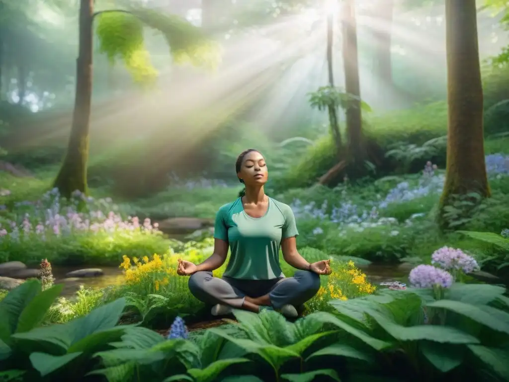 Persona meditando en un bosque verde y sereno, rodeada de flores y naturaleza