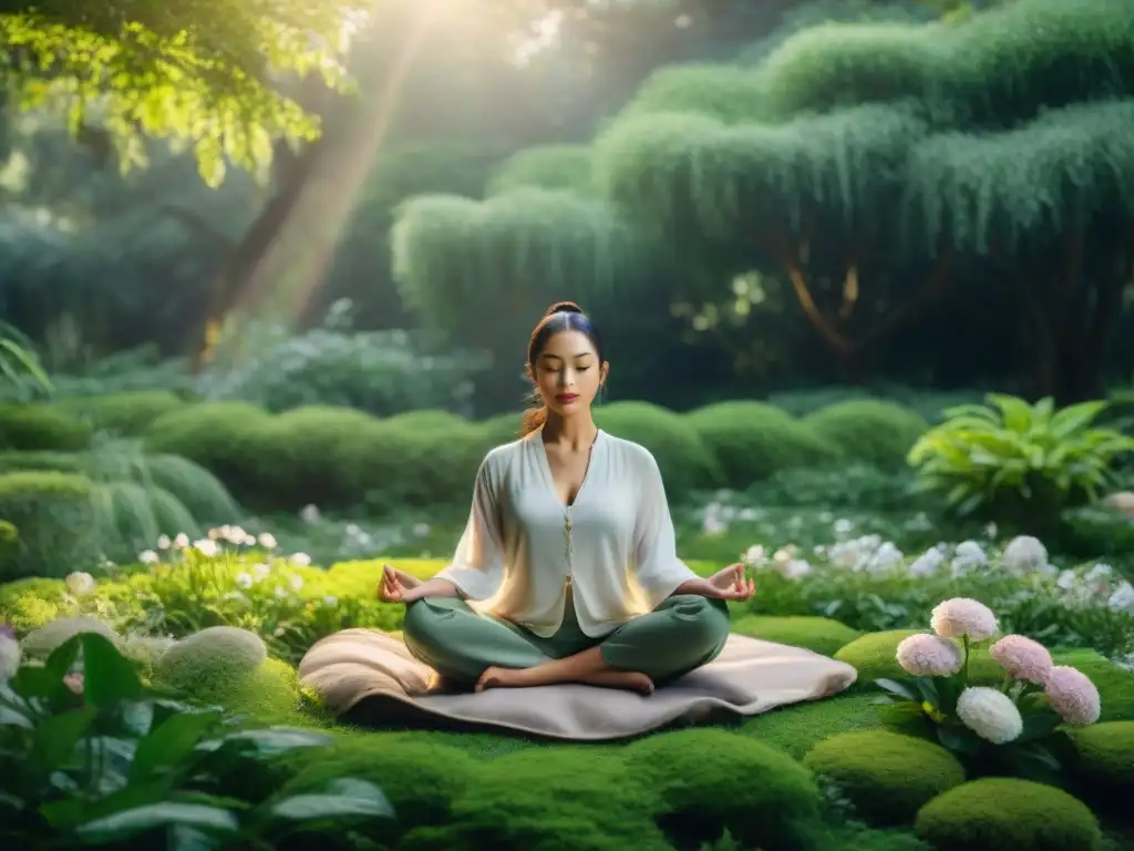 Persona meditando en jardín exuberante de Montevideo, transmitiendo calma y bienestar en un oasis natural