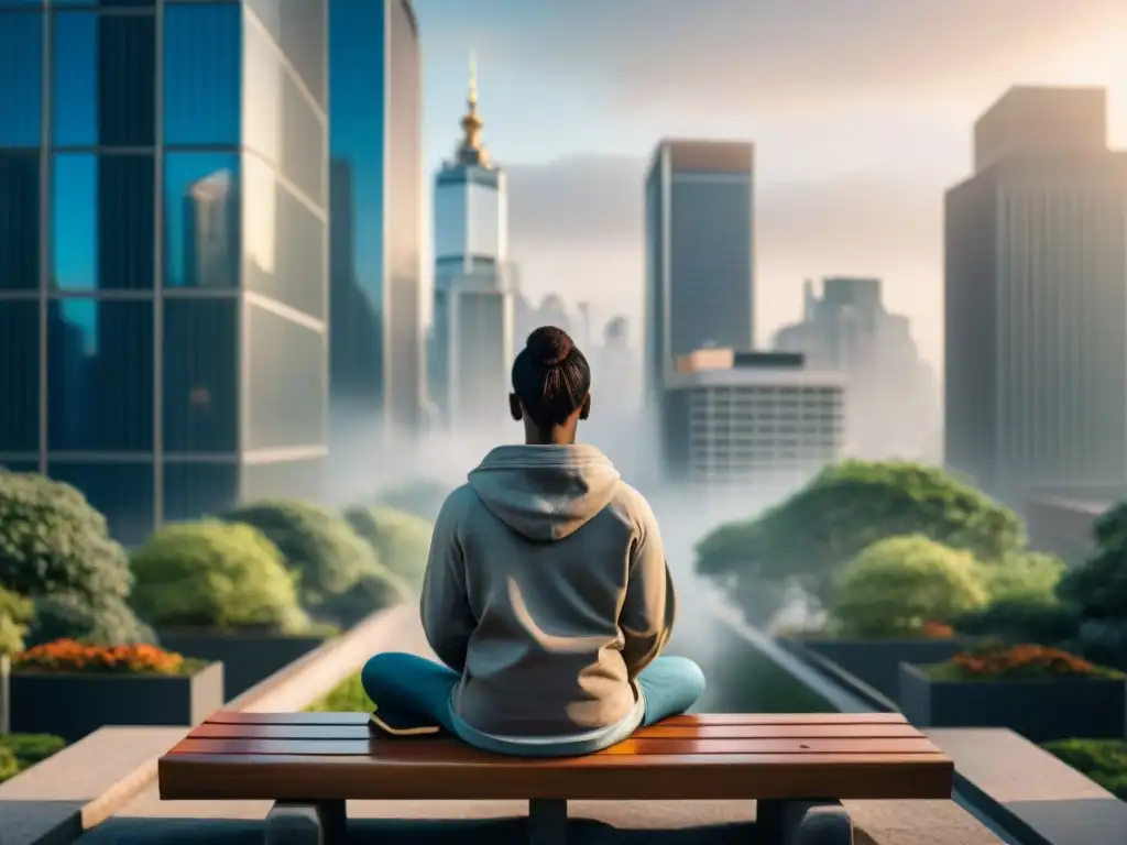 Persona practicando mindfulness para enfrentar cambios en la ciudad, contrastando calma y caos urbanos