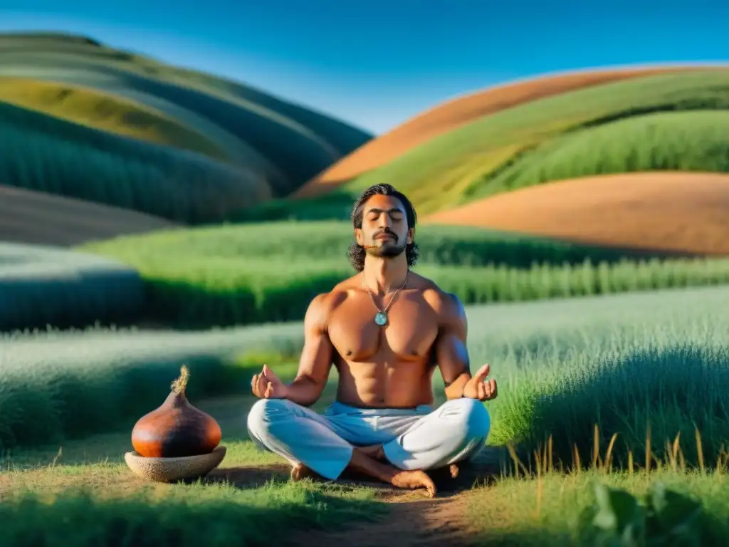 Persona meditando en campo uruguayo con mate, reflejando enfoque integral bienestar Uruguay