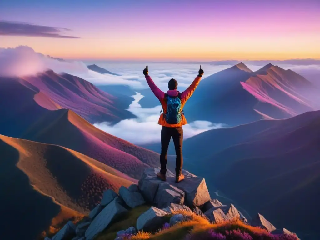 Persona en la cima de la montaña al amanecer, brazos abiertos, mirando un paisaje inspirador