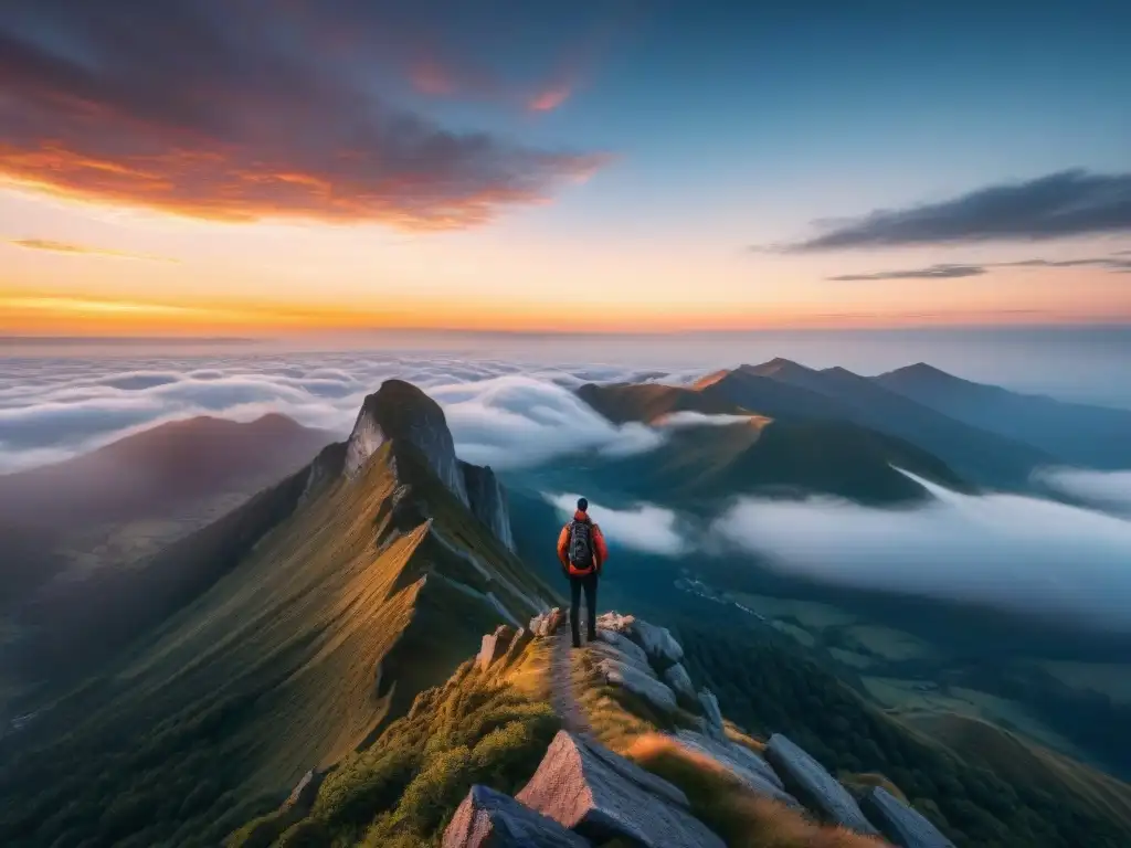 Persona en la cima de la montaña al amanecer, con un coach brindando apoyo