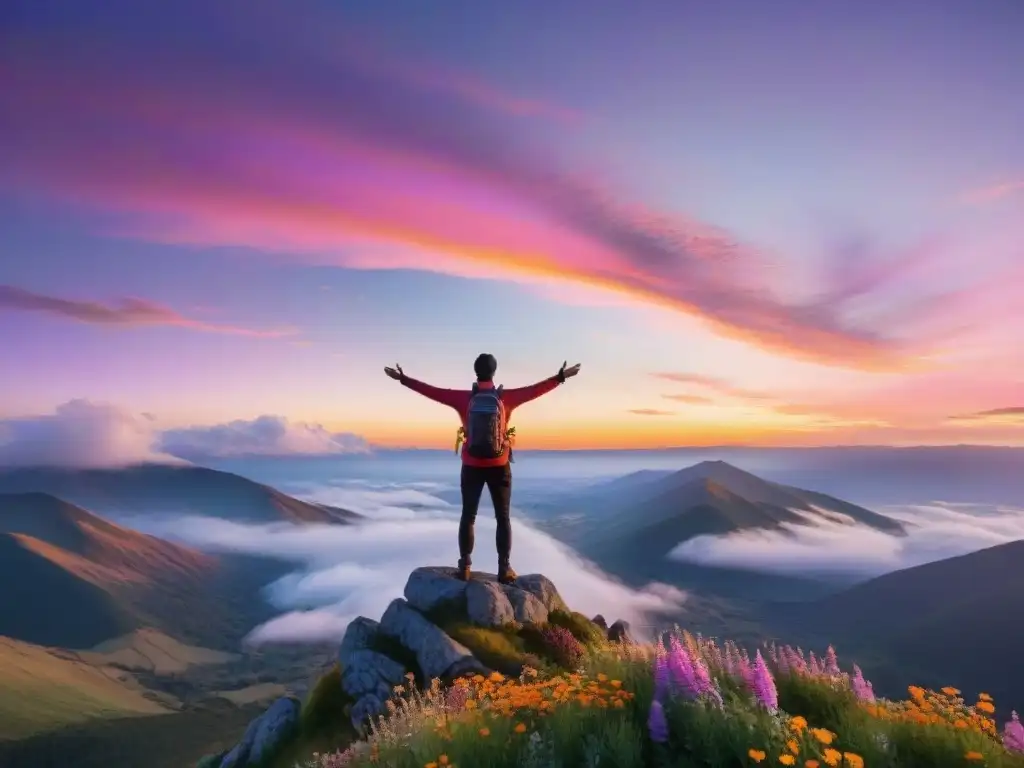 Persona alcanzando la cima de la montaña al amanecer, transmitiendo paz y logro