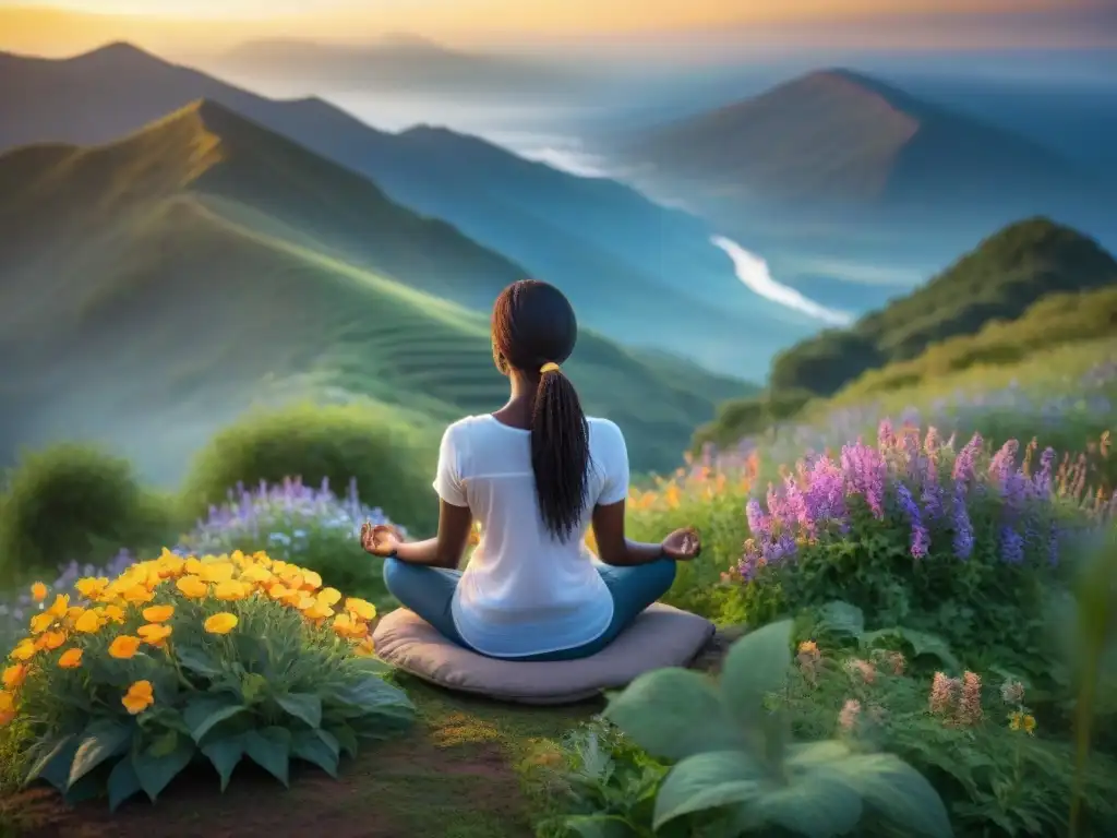 Persona meditando en la cima de la montaña al amanecer, rodeada de naturaleza exuberante y flores silvestres, en profunda serenidad