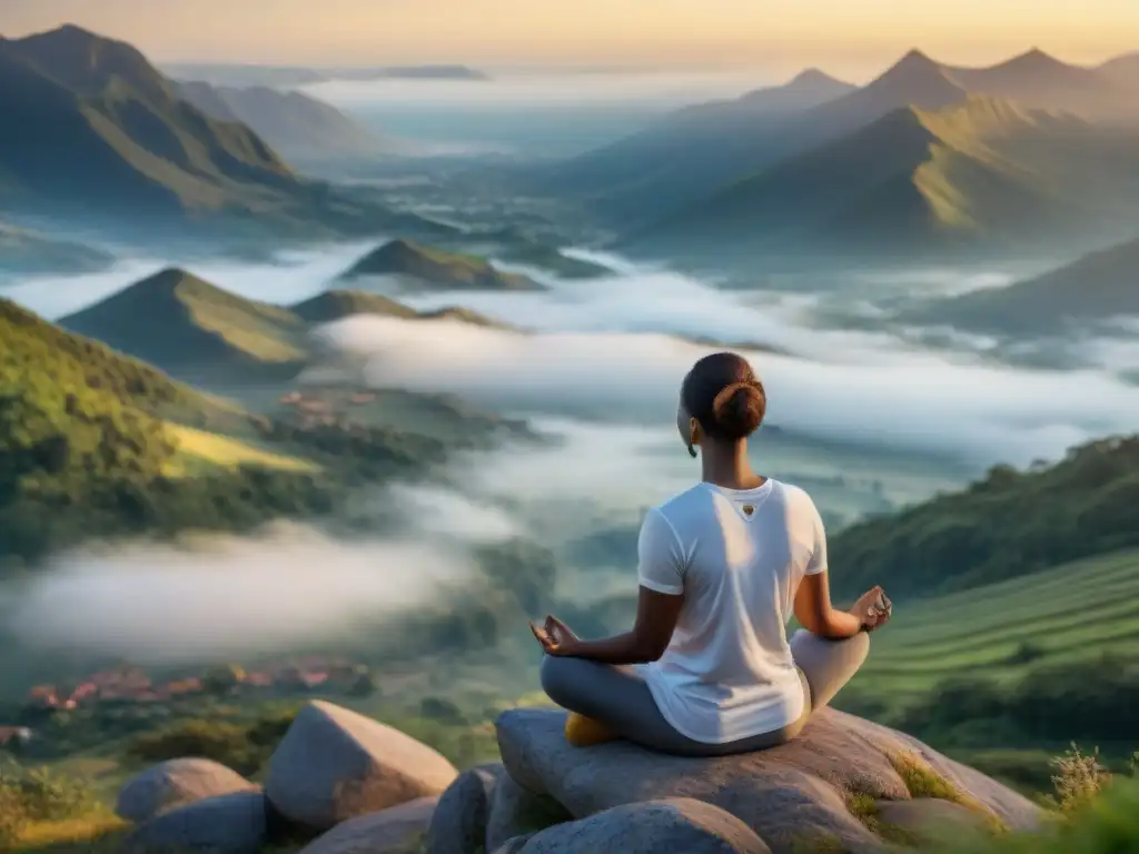 Persona meditando en la cima de la montaña al amanecer, rodeada de naturaleza, simbolizando el coaching personal para bienestar integral