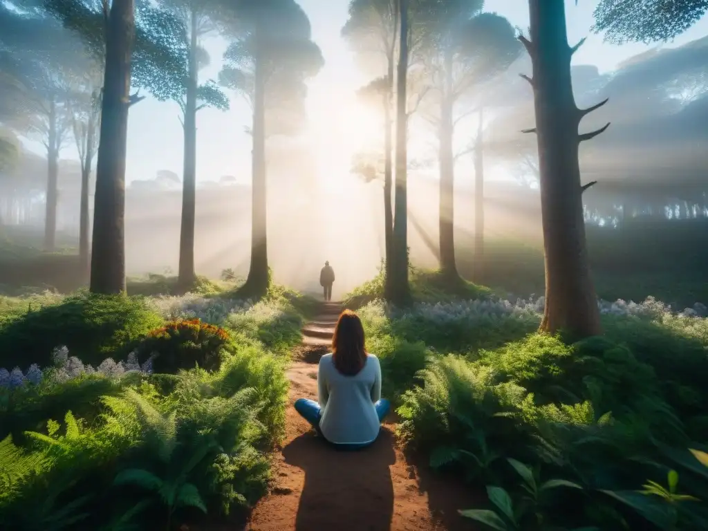 Persona en meditación en un claro de un bosque en Uruguay, rodeada de naturaleza exuberante y mariposas, transmitiendo bienestar ambiental