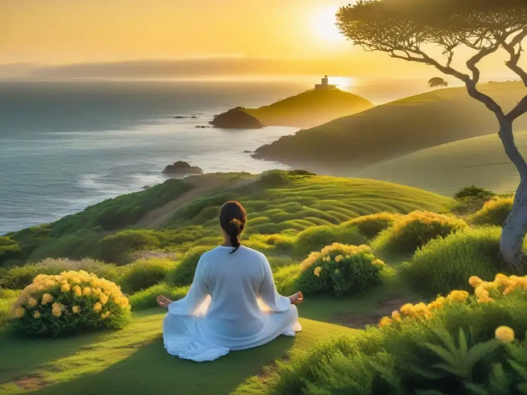 Persona meditando en colina verde de Uruguay al atardecer, rodeada de jacarandas en flor