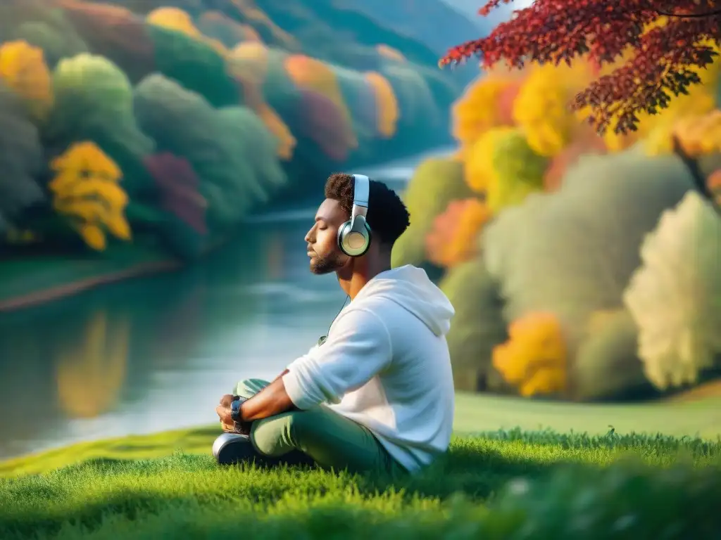Armonía en la naturaleza: playlist de bienestar Persona meditando en colina verde, con auriculares, rodeada de árboles otoñales y río tranquilo