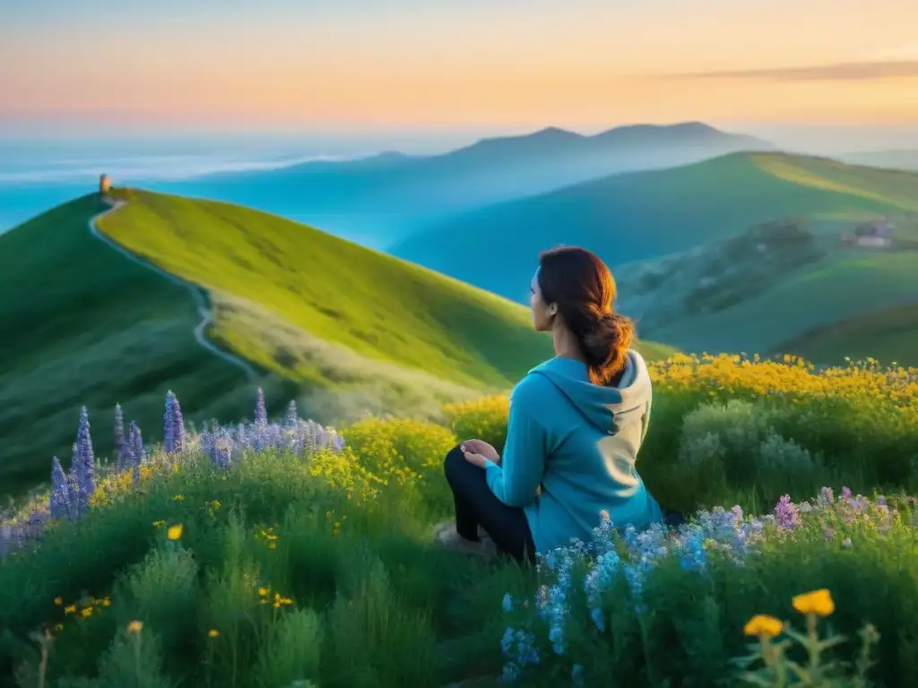 Persona meditando en colina verde con flores, cielo azul y sol al atardecer