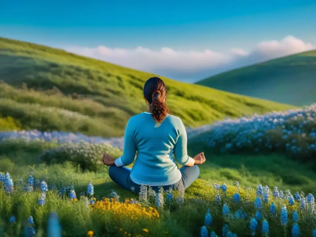 Persona meditando en colina verde, rodeada de flores, cielo azul