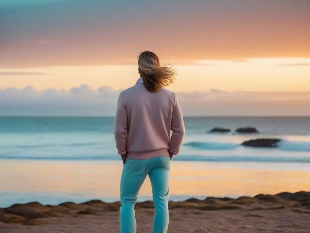 Persona confiada en la costa de Punta del Este, Uruguay, admirando el mar al atardecer