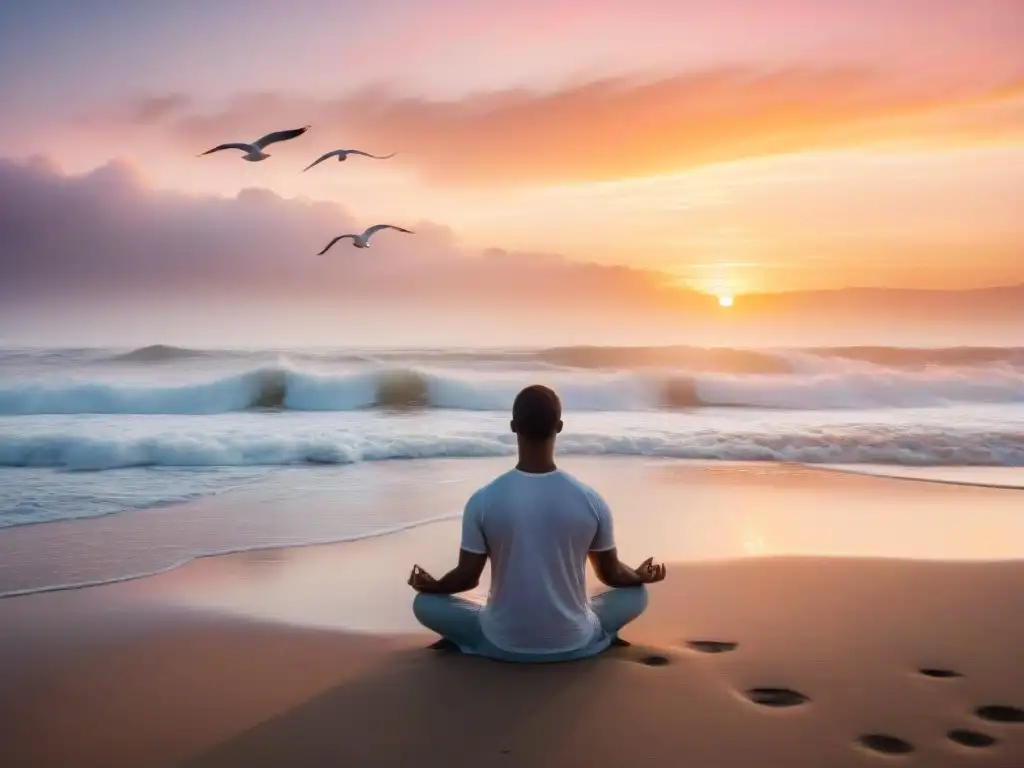 Persona meditando en la costa de Uruguay al amanecer, con olas suaves y gaviotas volando