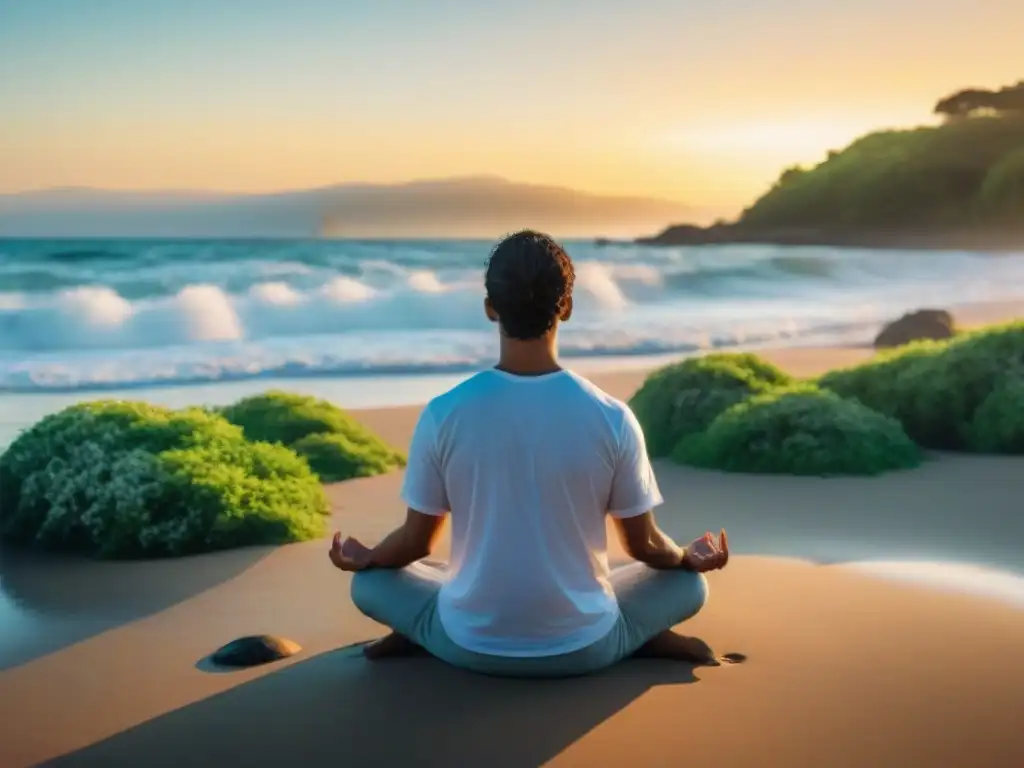 Persona de descendencia uruguaya meditando en la playa al atardecer, transmitiendo paz y conexión con la naturaleza